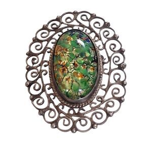 Vintage Sterling Silver Filigree Brooch Pendant Combo | Vibrant Opalescent Art G